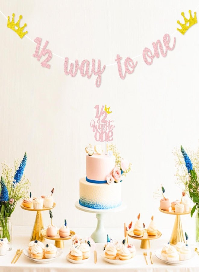 Auch Princess 1/2 Half Birthday Decorations Half Way to One Banner and Cake Topper Set Birthday Party Decor Pink Glitter Pink Party Supplies - Image 5