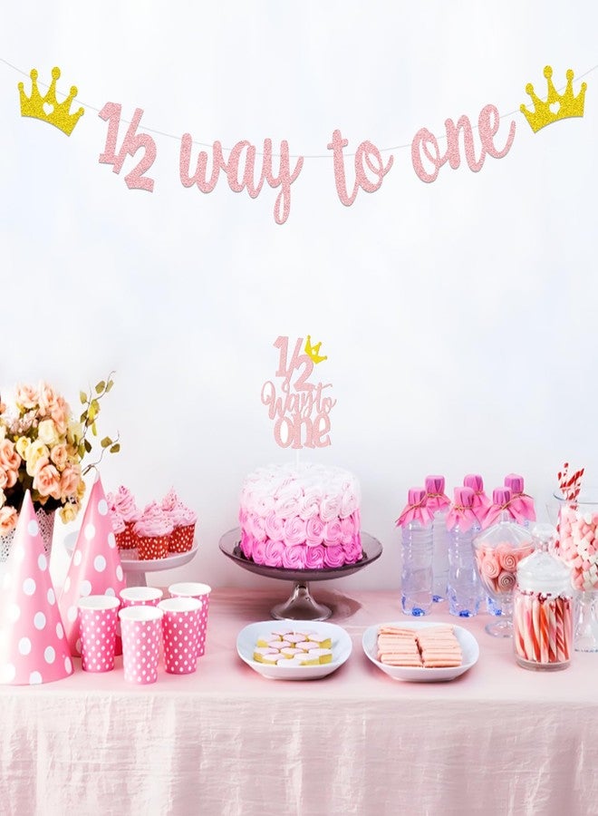 Auch Princess 1/2 Half Birthday Decorations Half Way to One Banner and Cake Topper Set Birthday Party Decor Pink Glitter Pink Party Supplies - Image 4