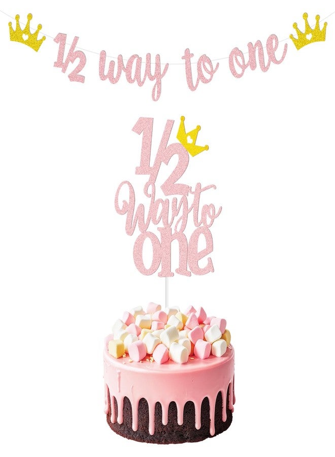 Auch Princess 1/2 Half Birthday Decorations Half Way to One Banner and Cake Topper Set Birthday Party Decor Pink Glitter Pink Party Supplies - Image 1