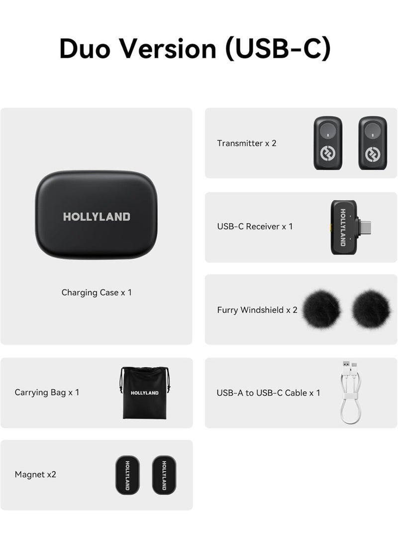 Hollyland LARK A1 DUO Type-C Version Wireless Microphone for iPhone 15/16 & Android, Pure Sound, 3-Level Intelligent Noise Cancellation, Magnetic Mini Microphone for Vlogging, YouTube, Podcast, TikTok