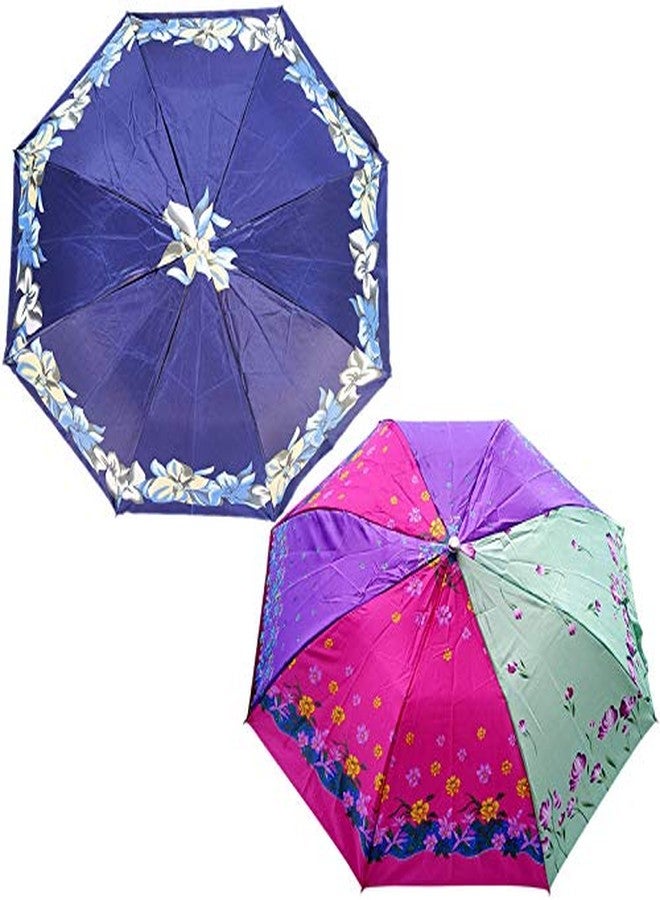 RAINPOPSON 2 Fold Printed Big Size Umbrella for Women & Men UV Protection Office Umbrella Combo for Girls/Men/Women (Multicolor & Blue Printed) - Set of 2 - Image 1