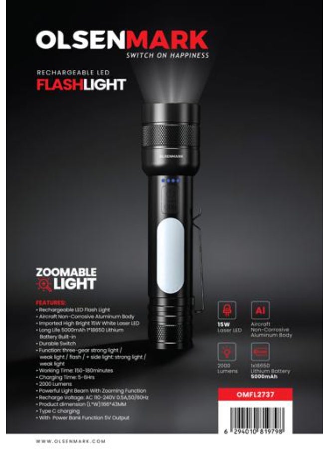 Olsenmark Rechargeable LED Flashlight OMFL2737 | Zoomable 2000 Lumens, 3 Lighting Modes + Side Light | 5000mAh Battery, Portable Camping, Hiking, Car Repair & Emergency Torch | Black Aluminum - Image 2