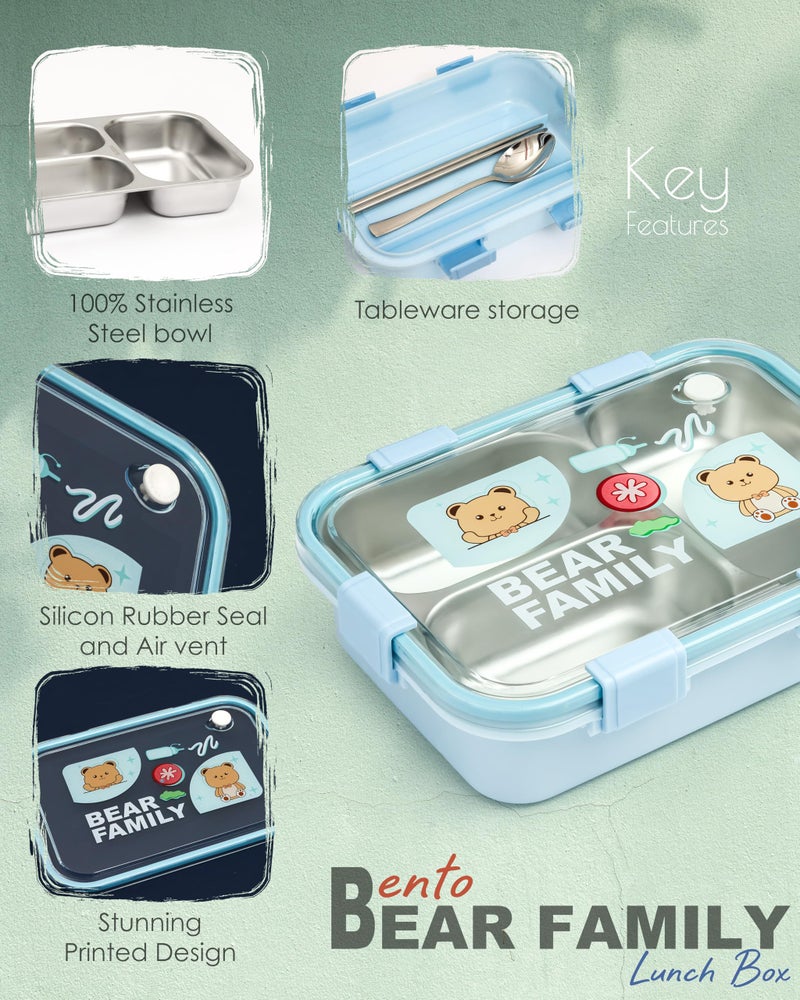 Brand Conquer Lunch Box Leak-Proof BPA Free Stainless Steel for School, Lunch Box for School & Office with a Fork, a Spoon and a Pair of Chopsticks (Blue, Bear Family 3 Compartment) - Image 5