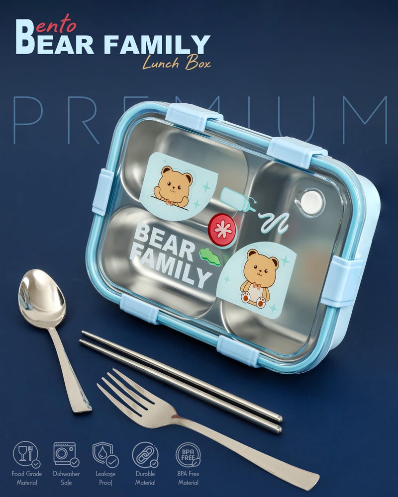 Brand Conquer Lunch Box Leak-Proof BPA Free Stainless Steel for School, Lunch Box for School & Office with a Fork, a Spoon and a Pair of Chopsticks (Blue, Bear Family 3 Compartment) - Image 2