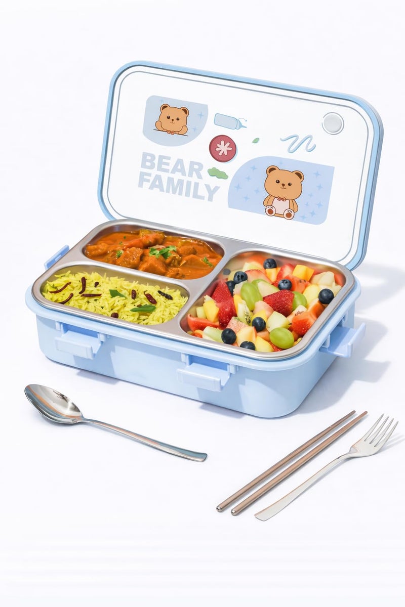 Brand Conquer Lunch Box Leak-Proof BPA Free Stainless Steel for School, Lunch Box for School & Office with a Fork, a Spoon and a Pair of Chopsticks (Blue, Bear Family 3 Compartment) - Image 1