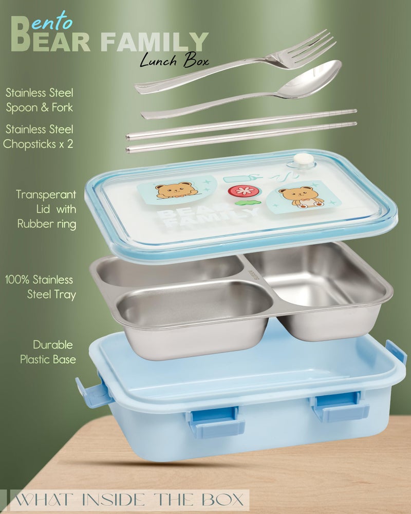 Brand Conquer Lunch Box Leak-Proof BPA Free Stainless Steel for School, Lunch Box for School & Office with a Fork, a Spoon and a Pair of Chopsticks (Blue, Bear Family 3 Compartment) - Image 4