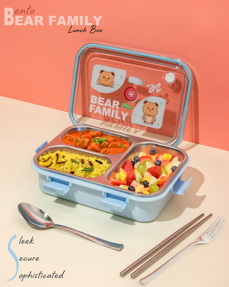 Brand Conquer Lunch Box Leak-Proof BPA Free Stainless Steel for School, Lunch Box for School & Office with a Fork, a Spoon and a Pair of Chopsticks (Blue, Bear Family 3 Compartment) - Image 3