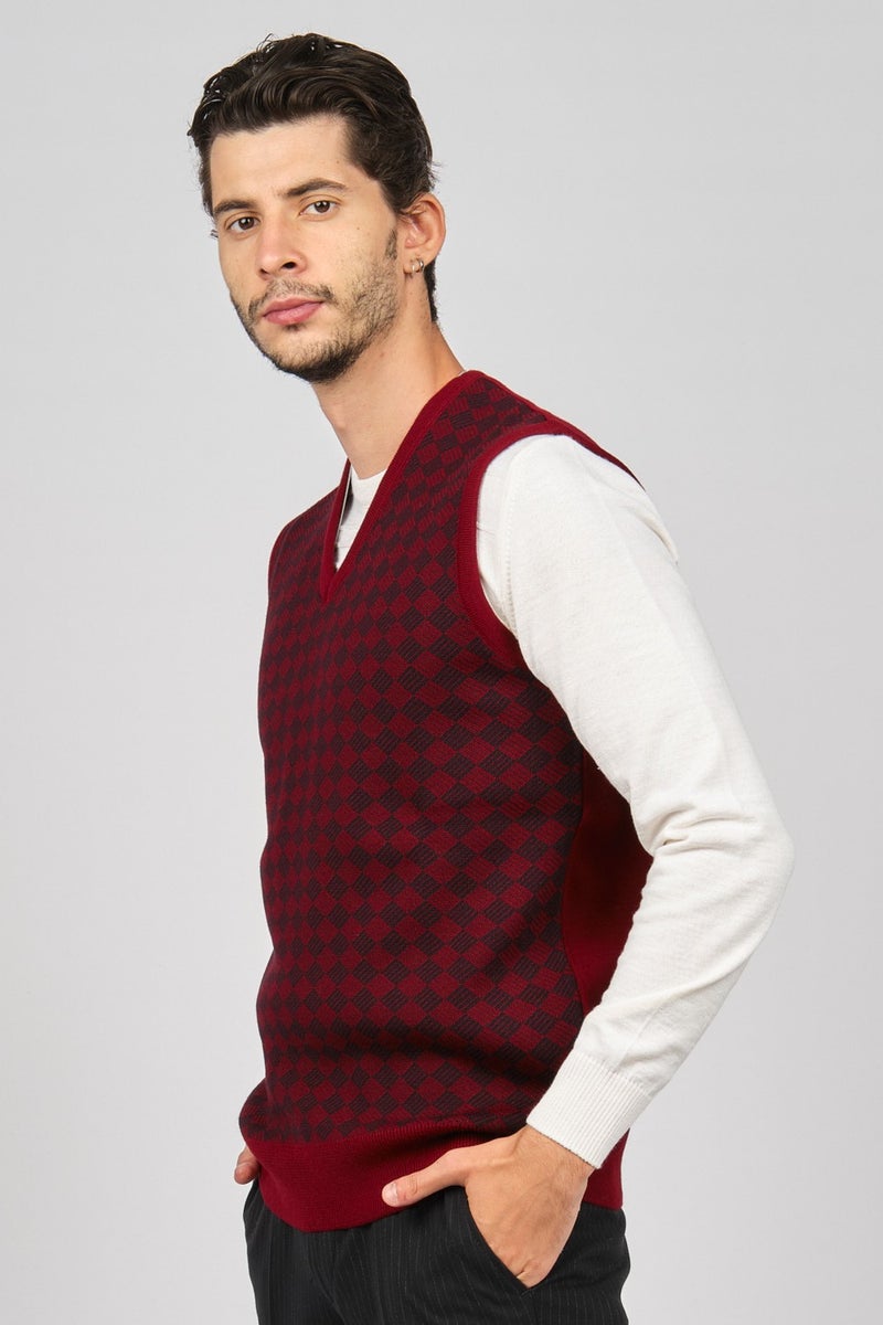 Pave Men's Patterned Wool Sweater 4539011 Claret Red  - Image 3