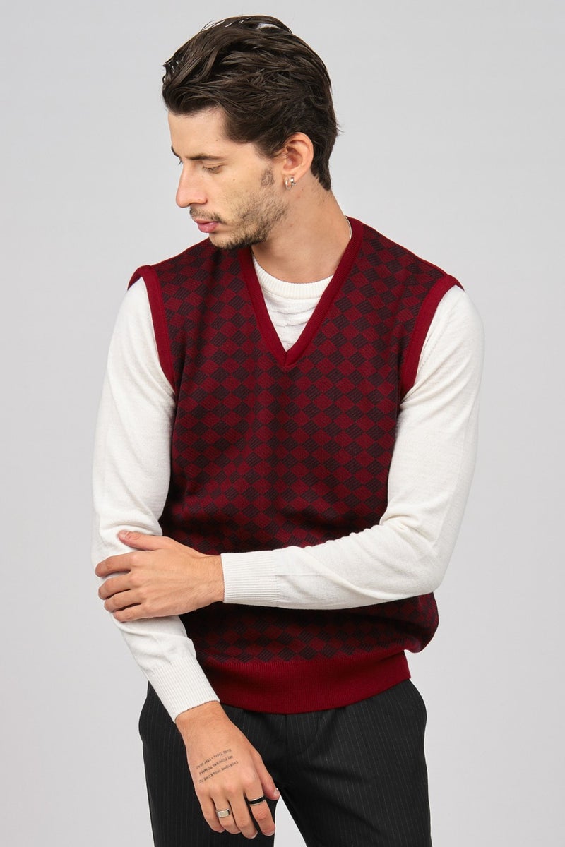 Pave Men's Patterned Wool Sweater 4539011 Claret Red  - Image 1