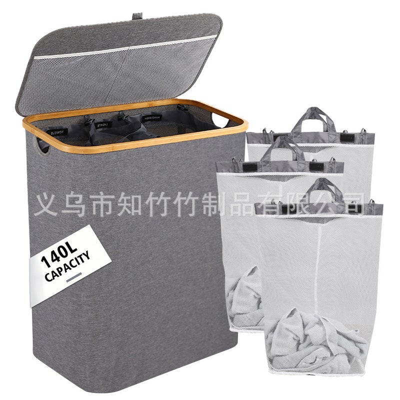 Large Capacity Foldable Classification Standard Bamboo Dirty Clothes Basket Storage Basket Partition With Lid Oxford Cloth Dirty Clothes Basket - Image 2