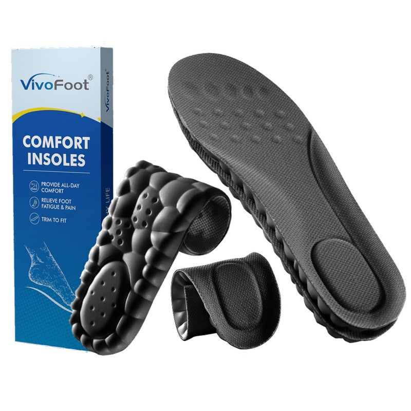 VivoFoot 2 Pair Foam Insoles 4D Cloud Soles AntiFatigue Pain Relief Work Sports Running Comfort Shoe Inserts Trim to Fit Replacement Pads for Men WomenMen 711Black