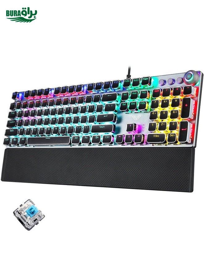BURAQ - AULA F2088 108 Keys Mixed Light Plating Punk Mechanical Blue Switch Wired USB Gaming Keyboard with Metal Button(Silver) - Image 1
