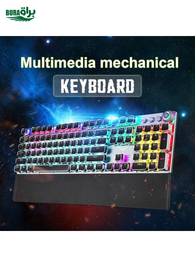 BURAQ - AULA F2088 108 Keys Mixed Light Plating Punk Mechanical Blue Switch Wired USB Gaming Keyboard with Metal Button(Silver) - Image 1