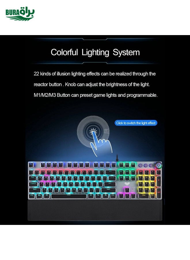 BURAQ - AULA F2088 108 Keys Mixed Light Plating Punk Mechanical Blue Switch Wired USB Gaming Keyboard with Metal Button(Silver) - Image 1