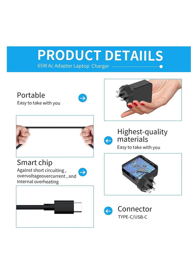 65W USB C Power Charger for Macbook Pro/ Macbook Air /HP Specter / Lenovo ThinkPad T480 Yoga/ Samsung/Dell XPS Latitude/ASUS/ Acer/Xiaomi Air /Huawei Matebook Laptop Charger - Image 5