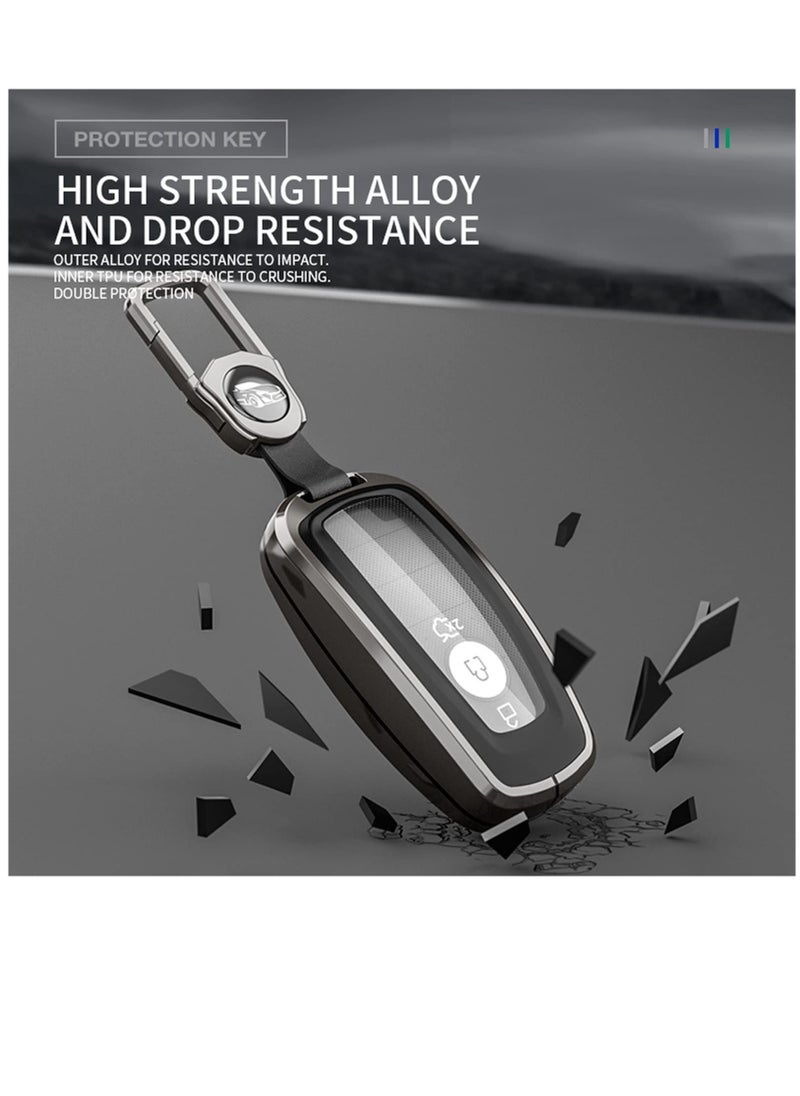 For Ford Key Fob Cover with Leather Keychain, Metal Shell Soft TPU Full Protection Key Case for Ford 2017-2023 Explorer Fusion Mustang Escape F150 F250 F350 F450 F550 Edge 3 4 5 Buttons Smart Remote