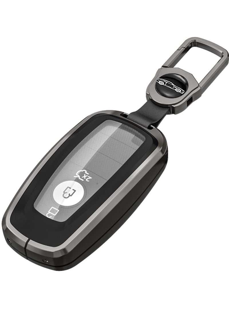 For Ford Key Fob Cover with Leather Keychain, Metal Shell Soft TPU Full Protection Key Case for Ford 2017-2023 Explorer Fusion Mustang Escape F150 F250 F350 F450 F550 Edge 3 4 5 Buttons Smart Remote