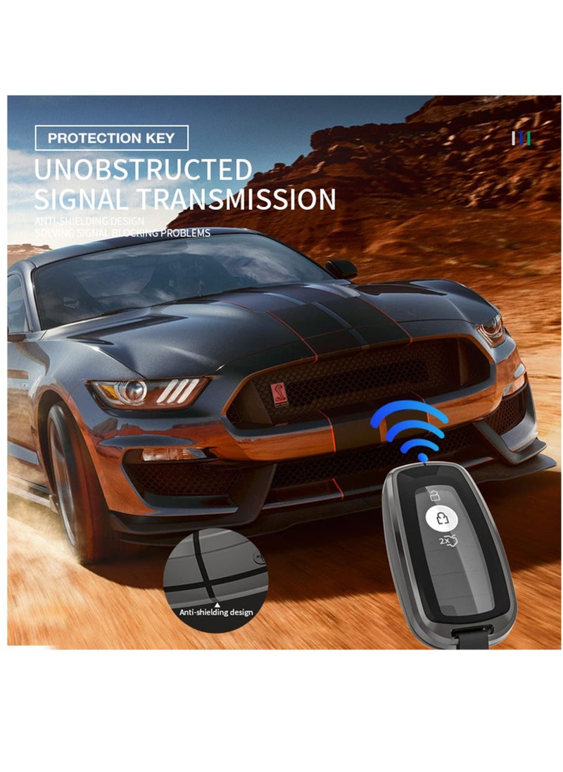 For Ford Key Fob Cover with Leather Keychain, Metal Shell Soft TPU Full Protection Key Case for Ford 2017-2023 Explorer Fusion Mustang Escape F150 F250 F350 F450 F550 Edge 3 4 5 Buttons Smart Remote