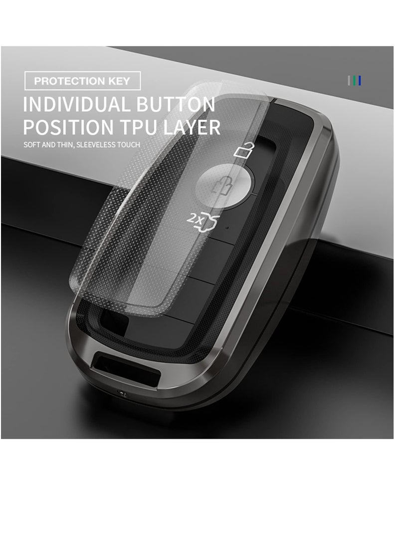 For Ford Key Fob Cover with Leather Keychain, Metal Shell Soft TPU Full Protection Key Case for Ford 2017-2023 Explorer Fusion Mustang Escape F150 F250 F350 F450 F550 Edge 3 4 5 Buttons Smart Remote
