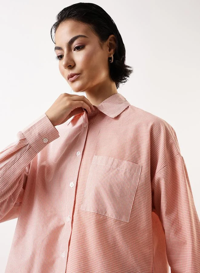 Hubberholme Women's Multicolour 100% Cotton Colourblocked Button Down Oversized Shirt