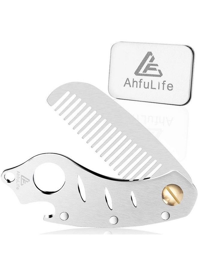 AhfuLife - Stainless Steel Metal Hair & Beard Comb Ahfulife Multifunctional Folding Edc Pocket Comb With Bottle Opener Fits In Keychain Antistatic Hair & Beard Care Comb Mustache Comb Presented In Gift Box - Image 1