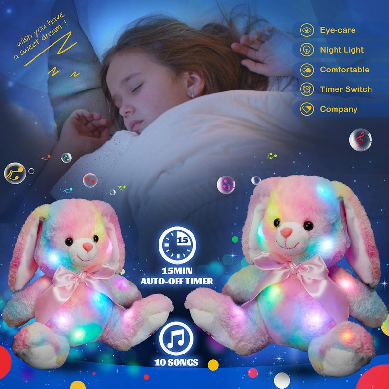 Glow Guards 10'' Easter Light up Musical Bunny Stuffed Animal Rainbow Lop Eared Rabbit Glowing Singing Plush Toy Lullaby Bed Night Light Birthday for Toddler Kids - Image 5