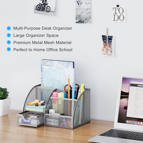 EasyPAG Mesh Desk Organizer with Drawer Multi-functional Pen Holder Stationery Organizer for Office School Supplies 6 Compartments Dorm Organizers and Storage for Desk, Silver - Image 2
