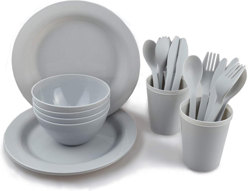 Layron Plastic Plates and Bowls Sets,College Dorm Room Essentials Dishes Set Camping Plates,Dinnerware Accessories Mess Kit-Microwaveoven Safe BPA-Free with Mesh Bag-24PCS - Image 1