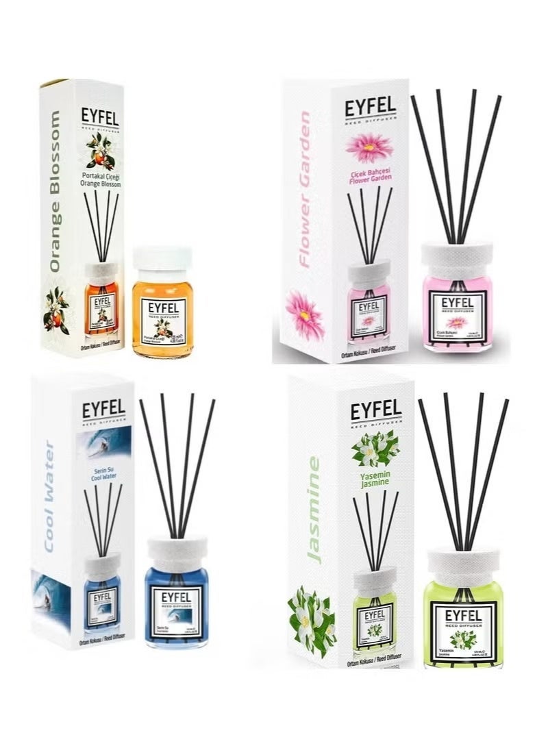 EYFEL Pack of 4 Reed Diffusers – Orange Blossom, Flower Garden, Cool Water & Jasmine – 4 x 120ml (Total 480ml) - Image 1
