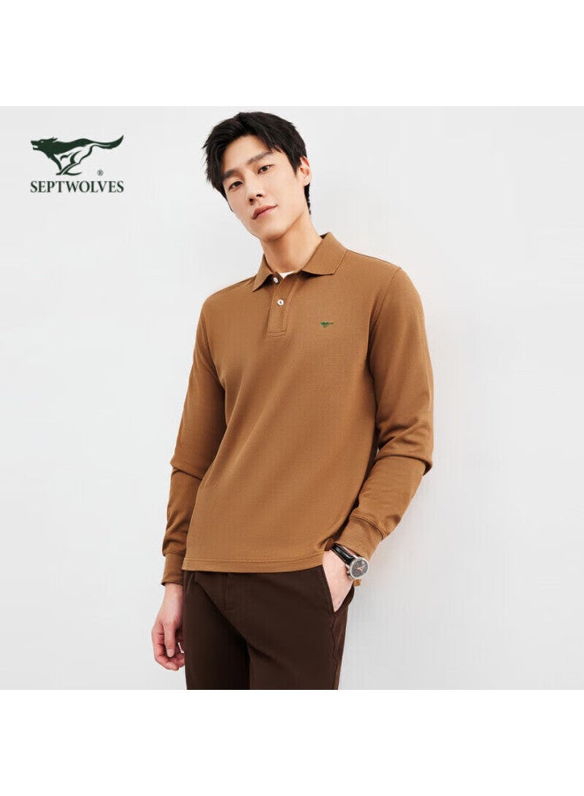 Septwolves Men's Long Sleeve Polo Shirt With Collar, Pure Cotton, Colorful Small Wolf Logo, Business Casual Breathable Polo Top For Men - Image 1