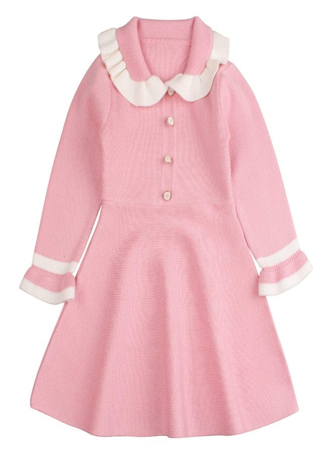 Peecabe Ruffles Toddler Girls Sweater Dress Soft Warm Long Sleeve V-Neck 2-6T Knitted Dress for Fall Winter (Pink, 6T) - Image 1