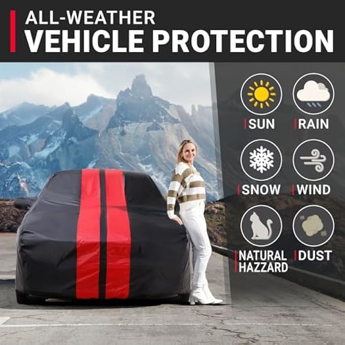 rayihni Custom Car Cover Waterproof All Weather for Dodge Challenger 2008-2023, Weatherproof Car Covers for Automobiles, Rain, Snow, UV, Sun Protection, Full Exterior Covers, Stripe(Black/Red) - Image 3