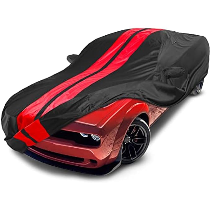 rayihni Custom Car Cover Waterproof All Weather for Dodge Challenger 2008-2023, Weatherproof Car Covers for Automobiles, Rain, Snow, UV, Sun Protection, Full Exterior Covers, Stripe(Black/Red) - Image 2