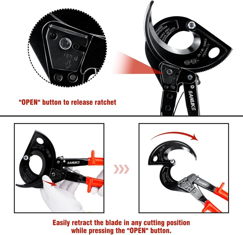 Sanuke Ratcheting Cable Wire Cutter Hand Tool, Heavy Duty Aluminum Copper Ratchet Wire Cutting for Electrical Wire up to 400mm² - Image 4