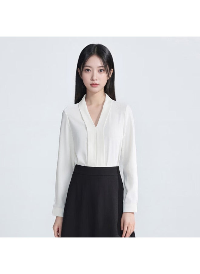 Teluoman White V-neck Chiffon Blouse For Women Long Sleeve Wrinkle-free Slim Fit French Style Office Shirt - Image 2