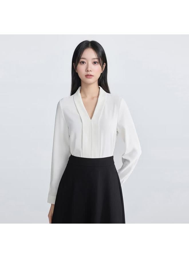 Teluoman White V-neck Chiffon Blouse For Women Long Sleeve Wrinkle-free Slim Fit French Style Office Shirt - Image 1