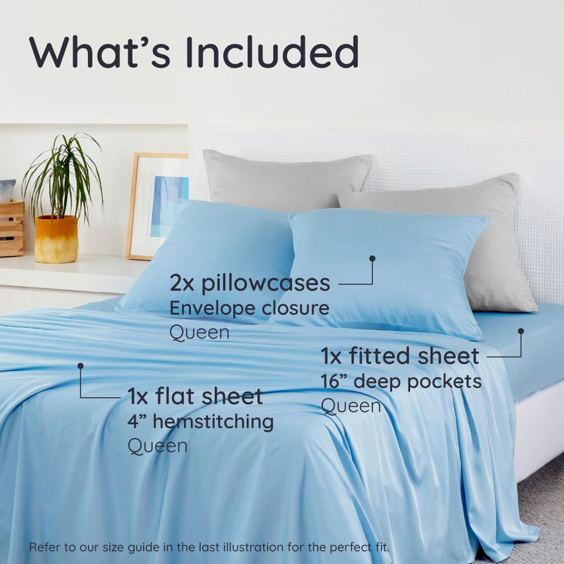 Bambaw Queen Sheet Set â€“ 4pcs 100% Viscose Derived from Bamboo Sheets Queen Size Bed Set, Breathable Sheets Fits Up to 16'' Deep Pocket, Queen Cooling Sheets for Hot Sleepers (Dream Blue) - Image 2