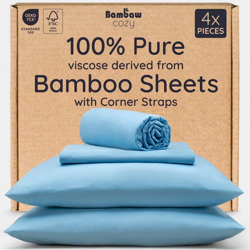 Bambaw Queen Sheet Set â€“ 4pcs 100% Viscose Derived from Bamboo Sheets Queen Size Bed Set, Breathable Sheets Fits Up to 16'' Deep Pocket, Queen Cooling Sheets for Hot Sleepers (Dream Blue) - Image 1