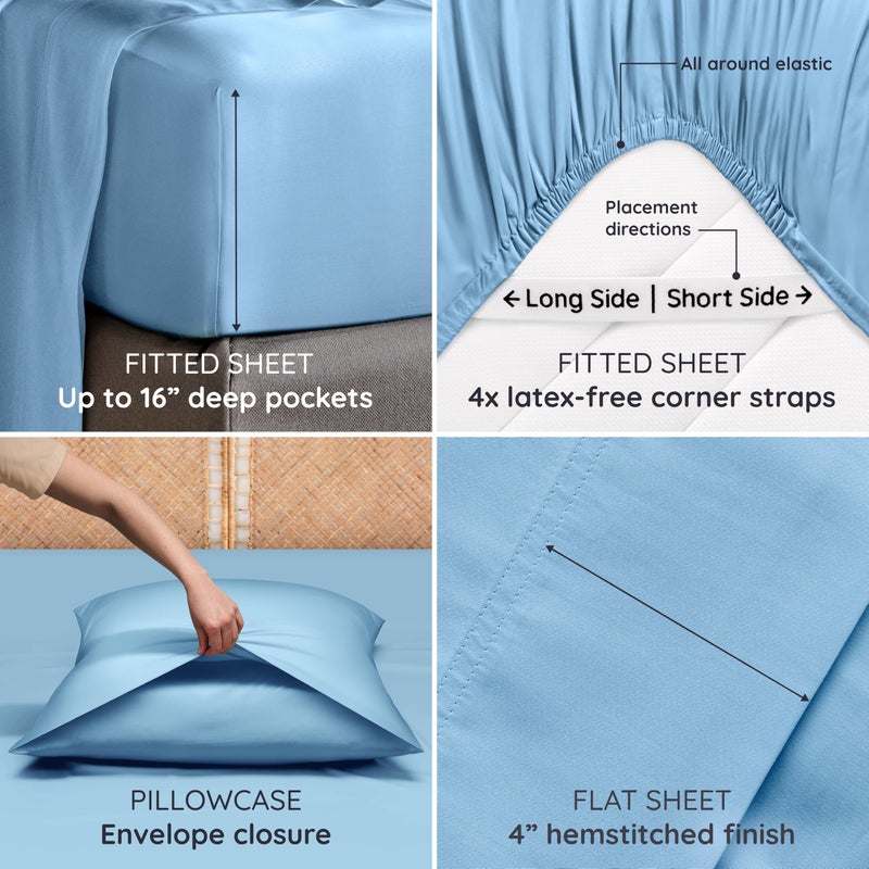 Bambaw Queen Sheet Set â€“ 4pcs 100% Viscose Derived from Bamboo Sheets Queen Size Bed Set, Breathable Sheets Fits Up to 16'' Deep Pocket, Queen Cooling Sheets for Hot Sleepers (Dream Blue) - Image 5