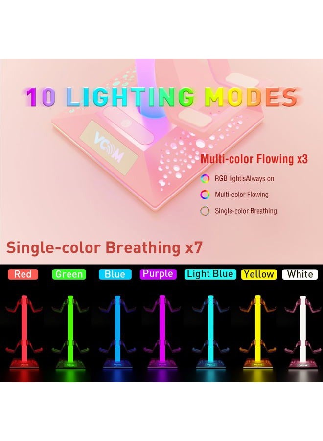 Vcom RGB Gaming Headphones Stand with 2 USB Ports, Pink Headset Stand with 10 Light Modes and Non-Slip Rubber, Suitable for PC Desk Accessories Gamers Gift(Pink) - Image 2