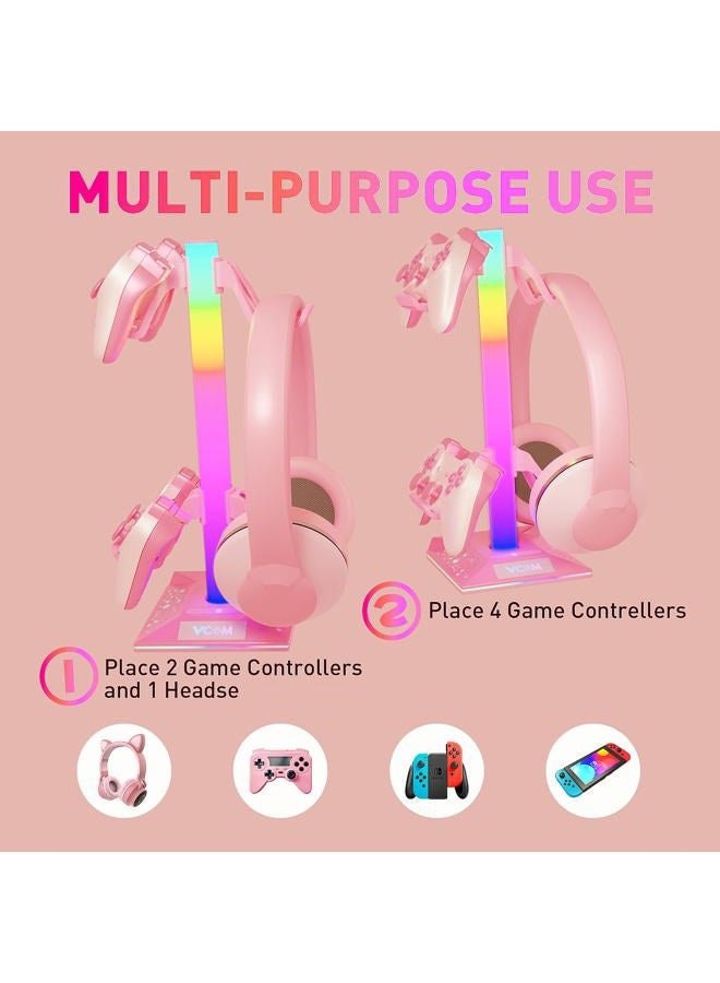 Vcom RGB Gaming Headphones Stand with 2 USB Ports, Pink Headset Stand with 10 Light Modes and Non-Slip Rubber, Suitable for PC Desk Accessories Gamers Gift(Pink) - Image 3