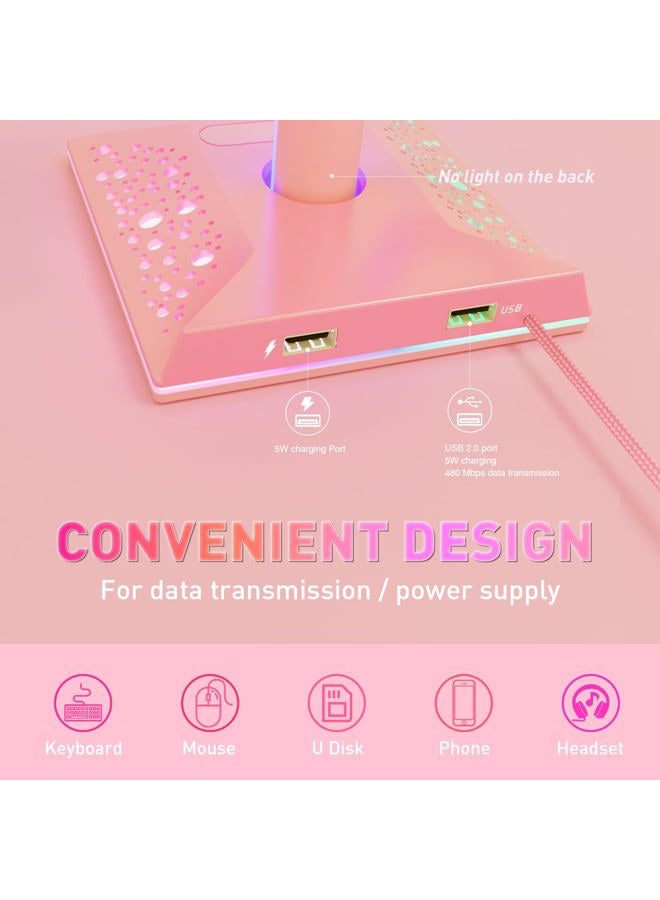 Vcom RGB Gaming Headphones Stand with 2 USB Ports, Pink Headset Stand with 10 Light Modes and Non-Slip Rubber, Suitable for PC Desk Accessories Gamers Gift(Pink) - Image 4