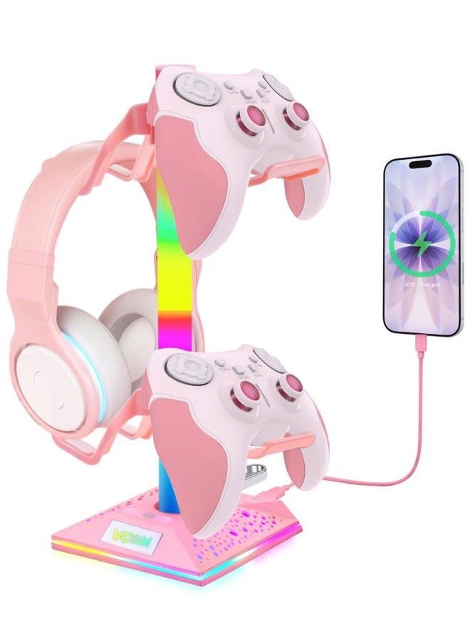 Vcom RGB Gaming Headphones Stand with 2 USB Ports, Pink Headset Stand with 10 Light Modes and Non-Slip Rubber, Suitable for PC Desk Accessories Gamers Gift(Pink) - Image 1