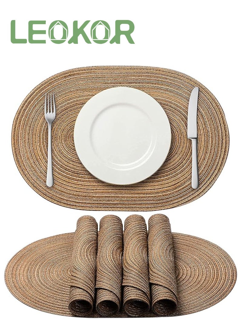 LEOKOR Oval Braided Placemats Table Mats Set of 6 for Dining Tables Natural Woven Heat Resistant Place Mats Brown - Image 1