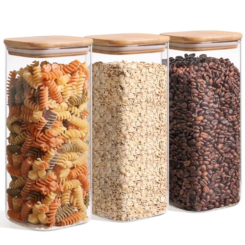 ComSaf 19 Qt Glass Storage Containers with Lids Glass Jars with Lids Clear Food Storage Jar Square Canister Set of 3 Pantry Organizers and Storage for Flour Rice Pasta Tea Coffee Bean - Image 1