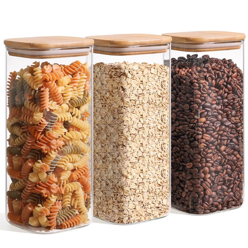 ComSaf 19 Qt Glass Storage Containers with Lids Glass Jars with Lids Clear Food Storage Jar Square Canister Set of 3 Pantry Organizers and Storage for Flour Rice Pasta Tea Coffee Bean - Image 2