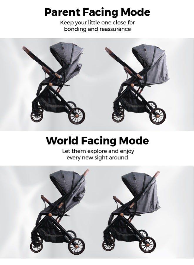 Zenito Reversible handle Baby Stroller - Stylish, Lightweight 5.8kg, Foldable Travel Stroller for Infants & Toddlers, All-Terrain Wheels, Safety Harness, Aluminum Frame, 0-36 Months | Grey - Image 2