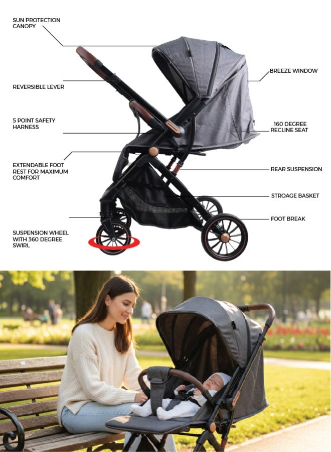 Zenito Reversible handle Baby Stroller - Stylish, Lightweight 5.8kg, Foldable Travel Stroller for Infants & Toddlers, All-Terrain Wheels, Safety Harness, Aluminum Frame, 0-36 Months | Grey - Image 3