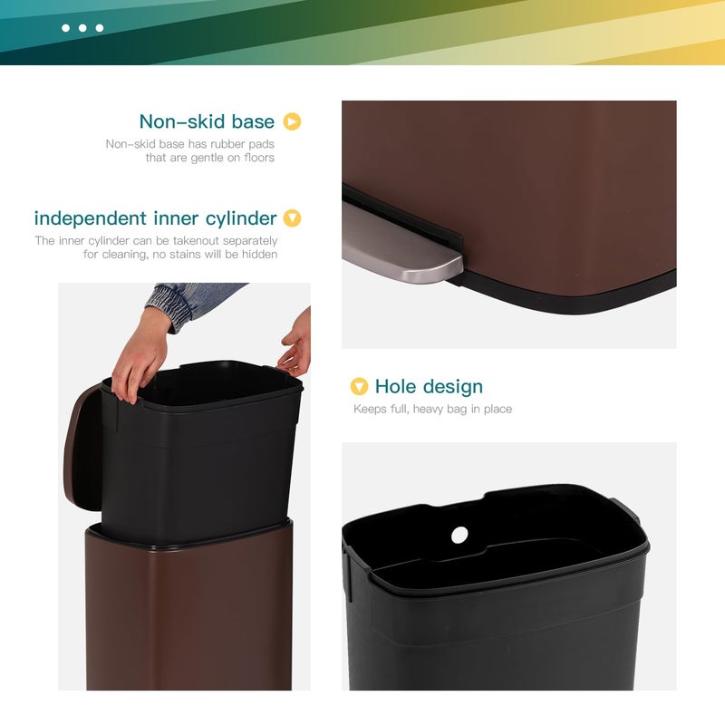 FDW | 13 Gallon Trash Can with Lid | Brown | Fingerprint-Proof | Made of Brushed Stainless Steel | Soft-Close Step Pedal | Hands-Free Use | Easy to Clean | for Kitchen, Office, Bathroom - Image 4