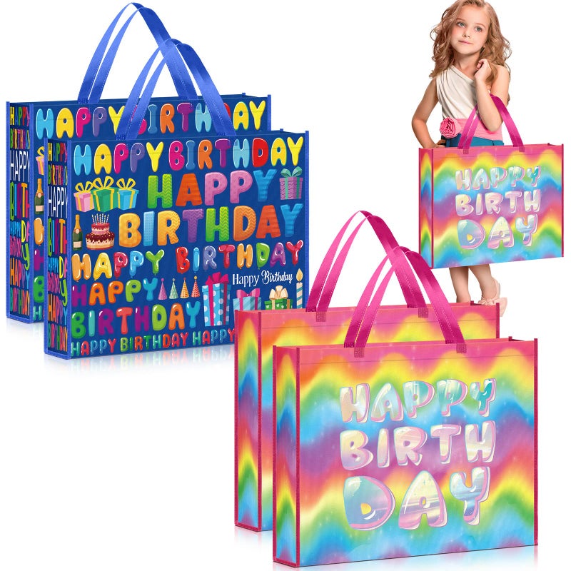 Kajaia Gift Bags, 4 Pcs Extra Large Birthday Party Favor Supplies, Non Woven Fabric, Reusable, Colorful Designs, 16 x 20 Inch, for Baby Shower, Kids, Events - Image 1